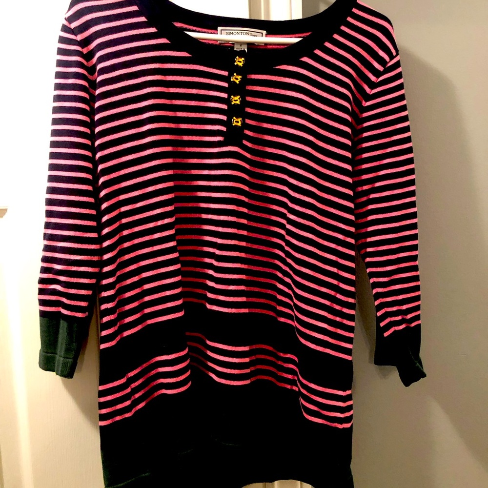 Tunic top, pink strips, emerald green bottom.